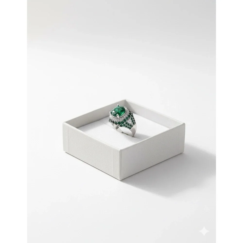 Emerald Green Crystal Cocktail Statement Ring Silver Tone Halo Pave Accent Stone